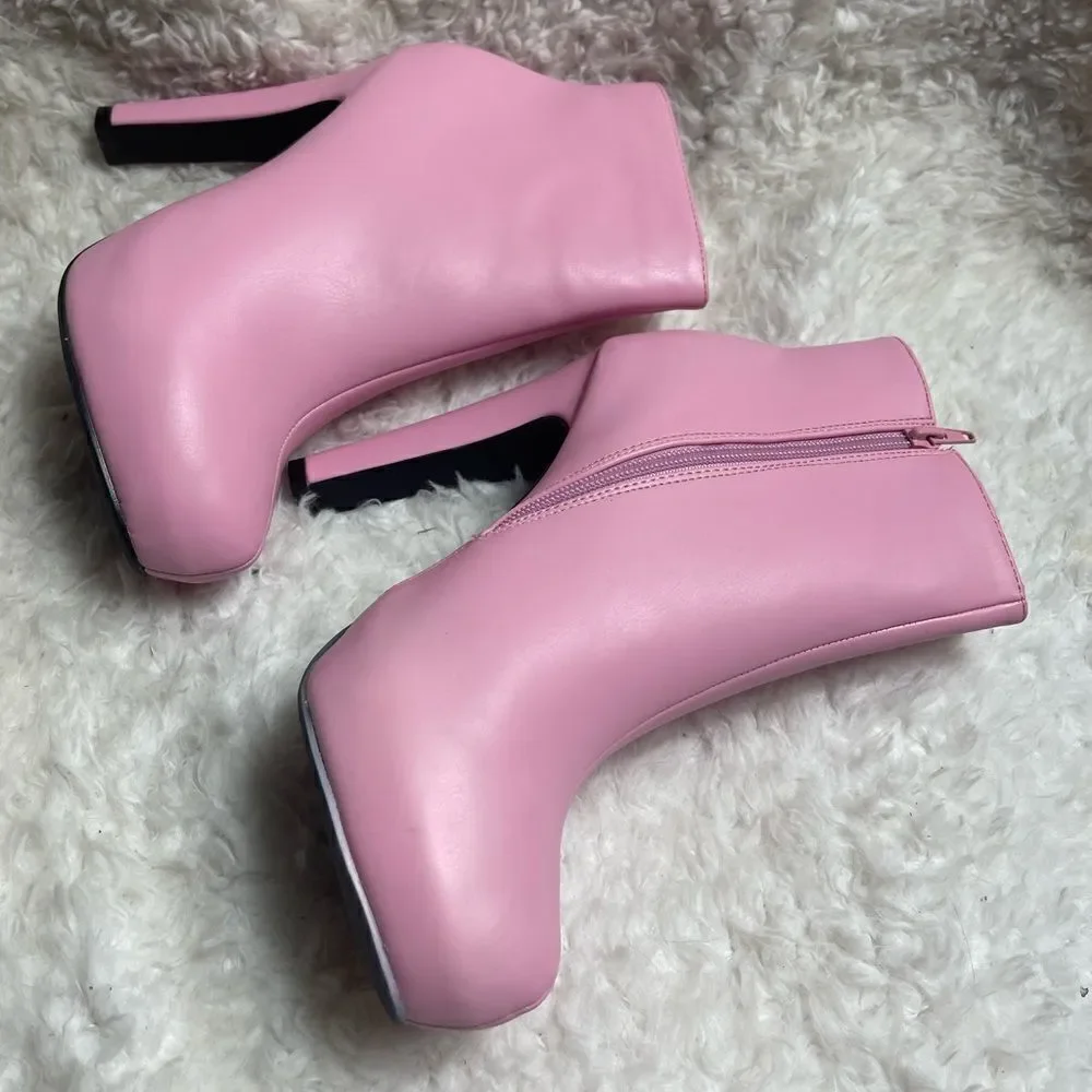 Allegra K faux leather pink ankle boots hidden platform heels side zipper SZ10
